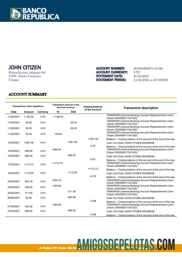 Modelo de extrato bancário para download Uruguai Banco De La Republica Oriental Del Uruguay em formato .doc e .pdf